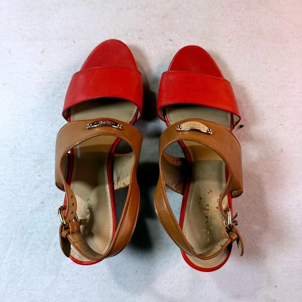 Coach Wedge Sandals Womens 9.5 Red Leather Colorblock Ankle Strap Gold Hardware